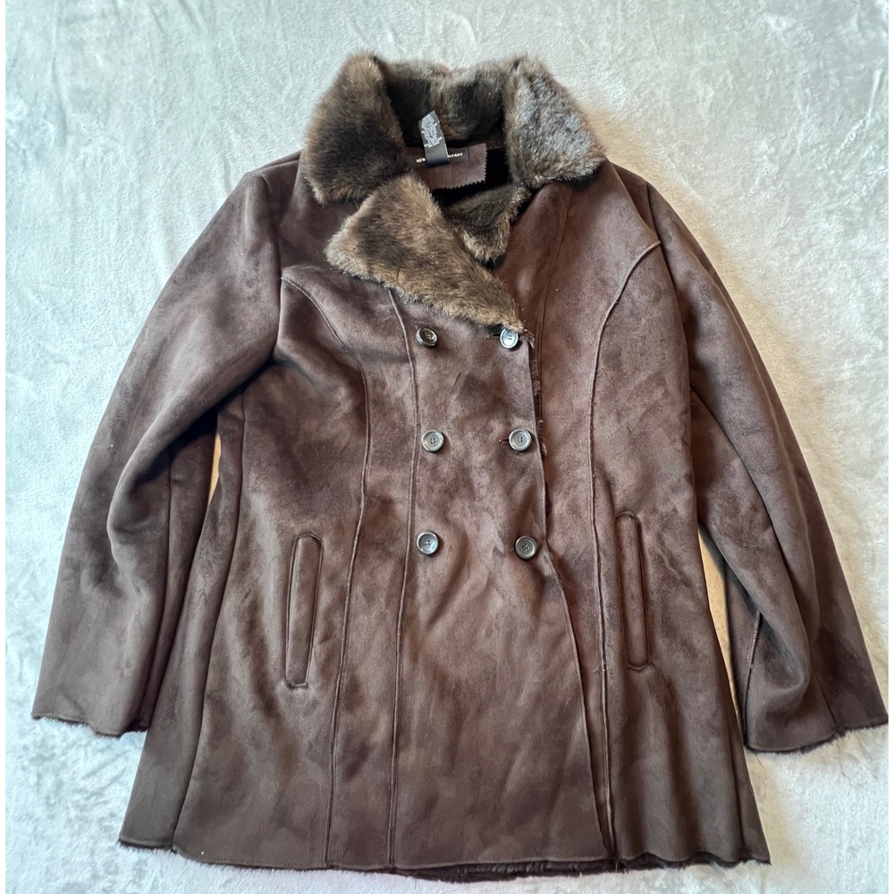 New York & Company Faux Suede Coat Women XL Brown Shearling Faux Fur